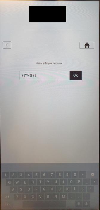 Entering a name into the search field with a single-quote character. In this example, "O'YOLO" is entered. The hotel's brand logo is masked in the photo.